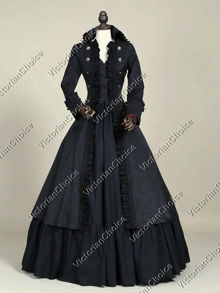 Black Victorian Penny Dreadful Vanessa Dress, Steampunk Military Women Captain Hook Pirate Costume, Game of Thrones Witch Halloween Costume