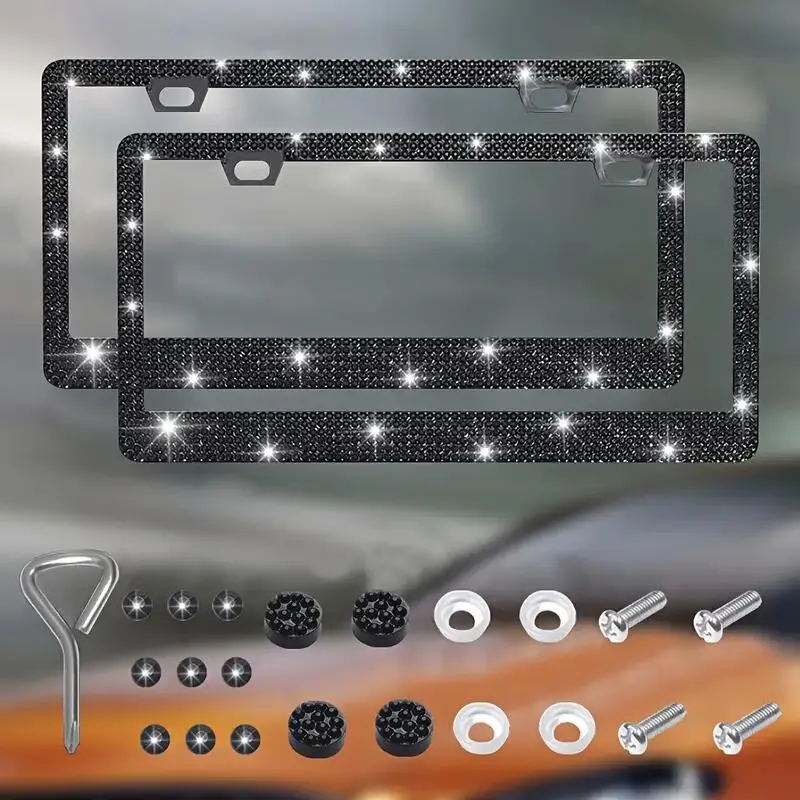 Rhinestone Automotive Car License Plate Frame Kit, Stainless Steel License Plate Cover Protector, Car Exterior Decoration Accessories
