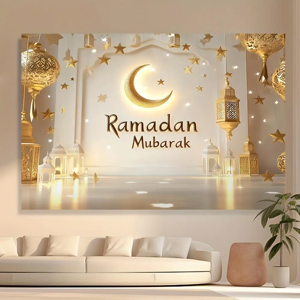 1PC Polyester Reusable 2D Flat Wall Tapestry - Islamic Ramadan Mubarak Decor with Golden Moon, Star, Lantern Design, Eid Al-Fitr Backdrop for Living Room Home Use, Wall Tapestries