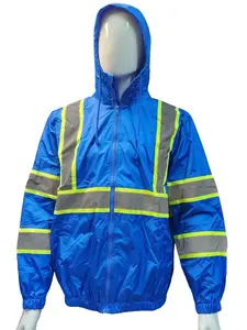 High Visibility Reflective Lightweight Thin Windbreaker and water-resistant Jacket with Mesh lining and Hoodie Sun Protection Safety Jacket for Construction Worker/ warehousing / road work / Airport worker and many other workers