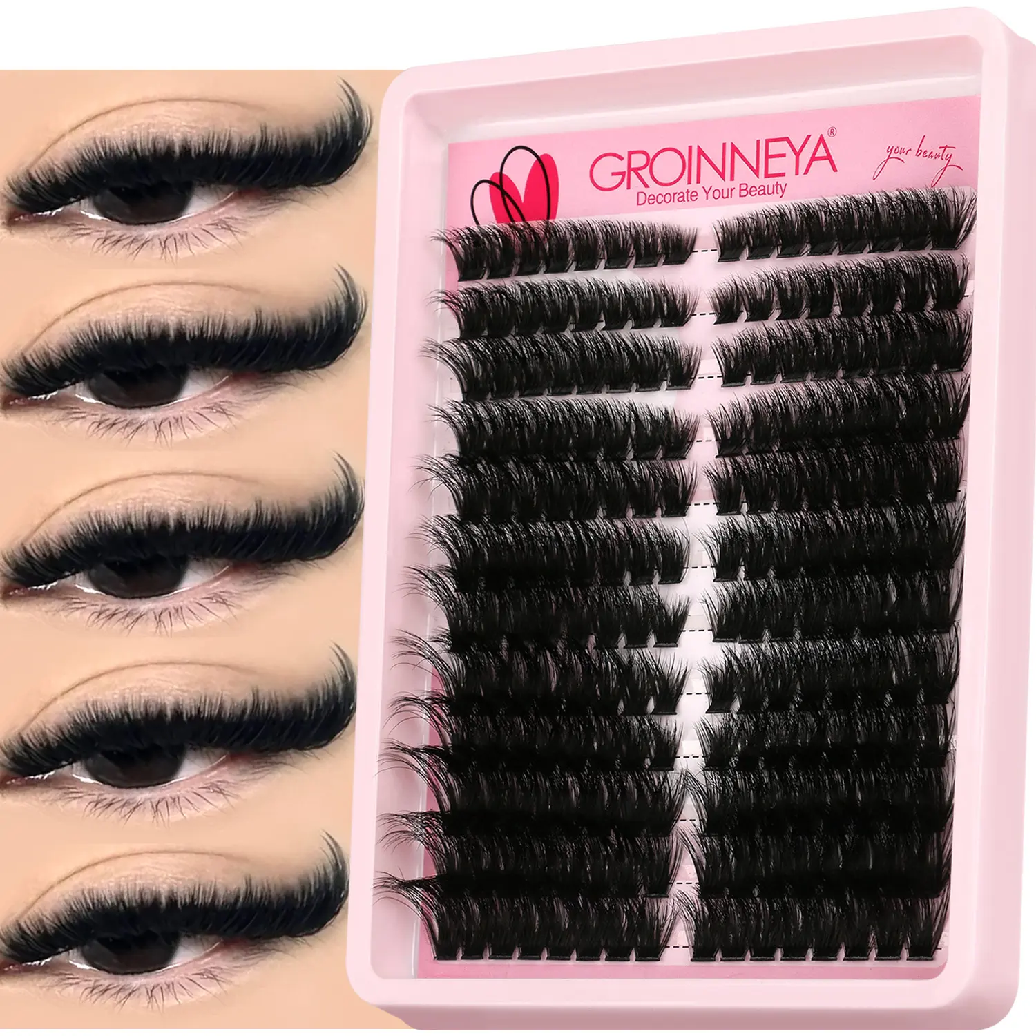 GROINNEYA 192PCS Clusters DIY Lash Extension Kit Wispy Soft Individual Lashes Cat Eye Lash Clusters Curl Spiky Cluster Mange Lashes Fluffy Criss-Cross Eye Lash Clusters Thick Lashes Makeup Tools False Lashes Clusters