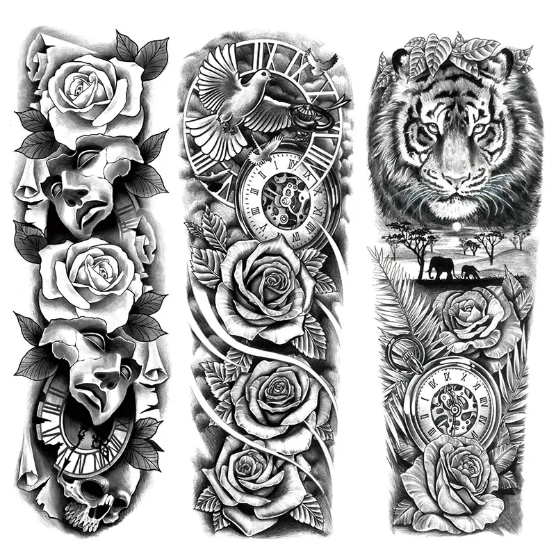 3 Sheets Temporary Tattoo Stickers, Tiger Dove Clock Flower Designs, Waterproof Realistic Fake Tattoos for Men Women, Peel Off Tattoo, Ephemeral Tattoos