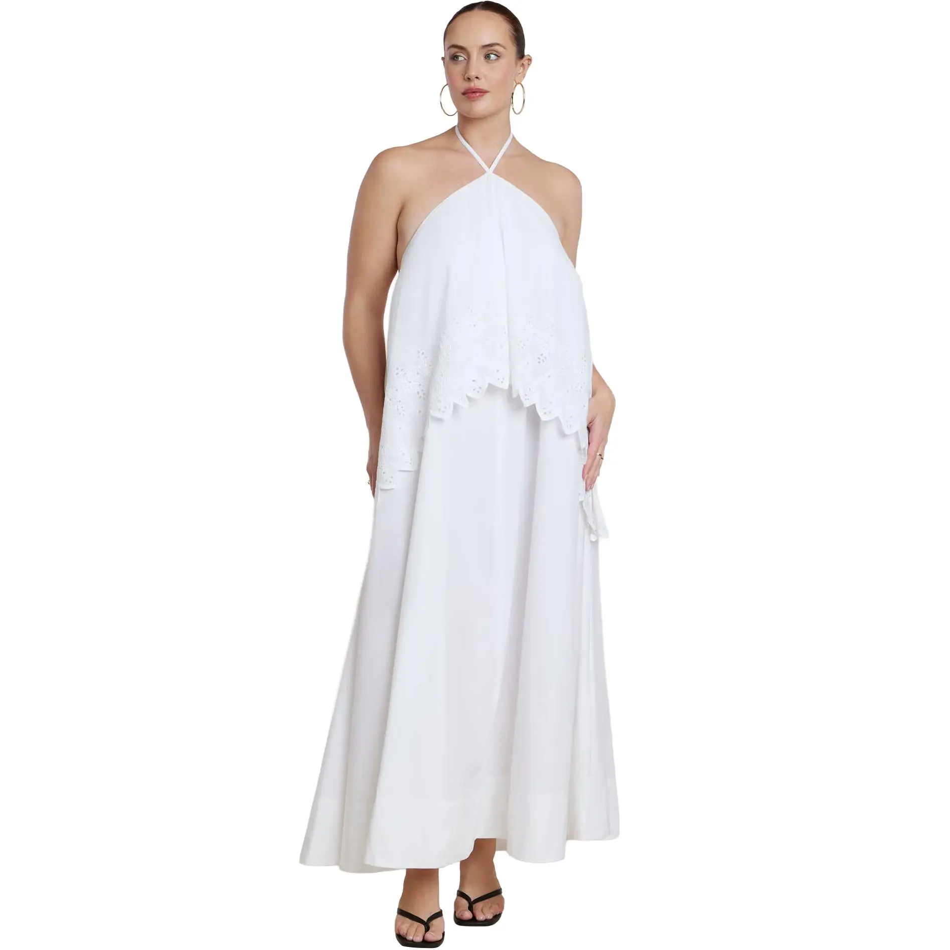 ELOQUII Women's Plus Size Embroidered Eyelet Halter Maxi Dress