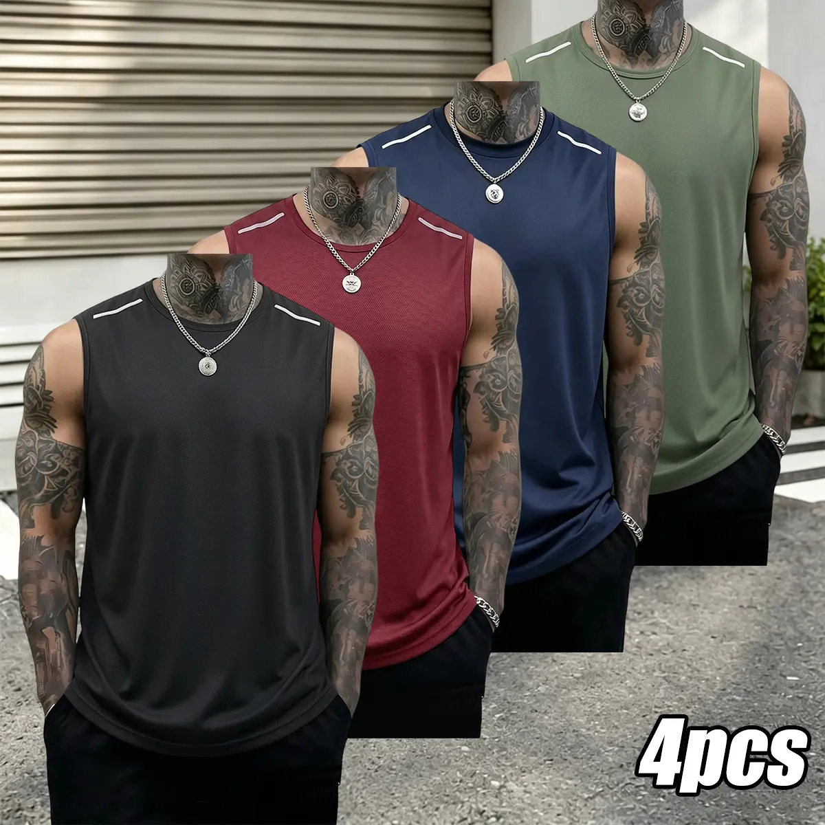 Men's quick-dry sleeveless muscle tank tops, 4-piece set.Comfortable, breathable fabric suitable for all training.Ideal for gym training, basketball, soccer, running, and various sports. casual shirt