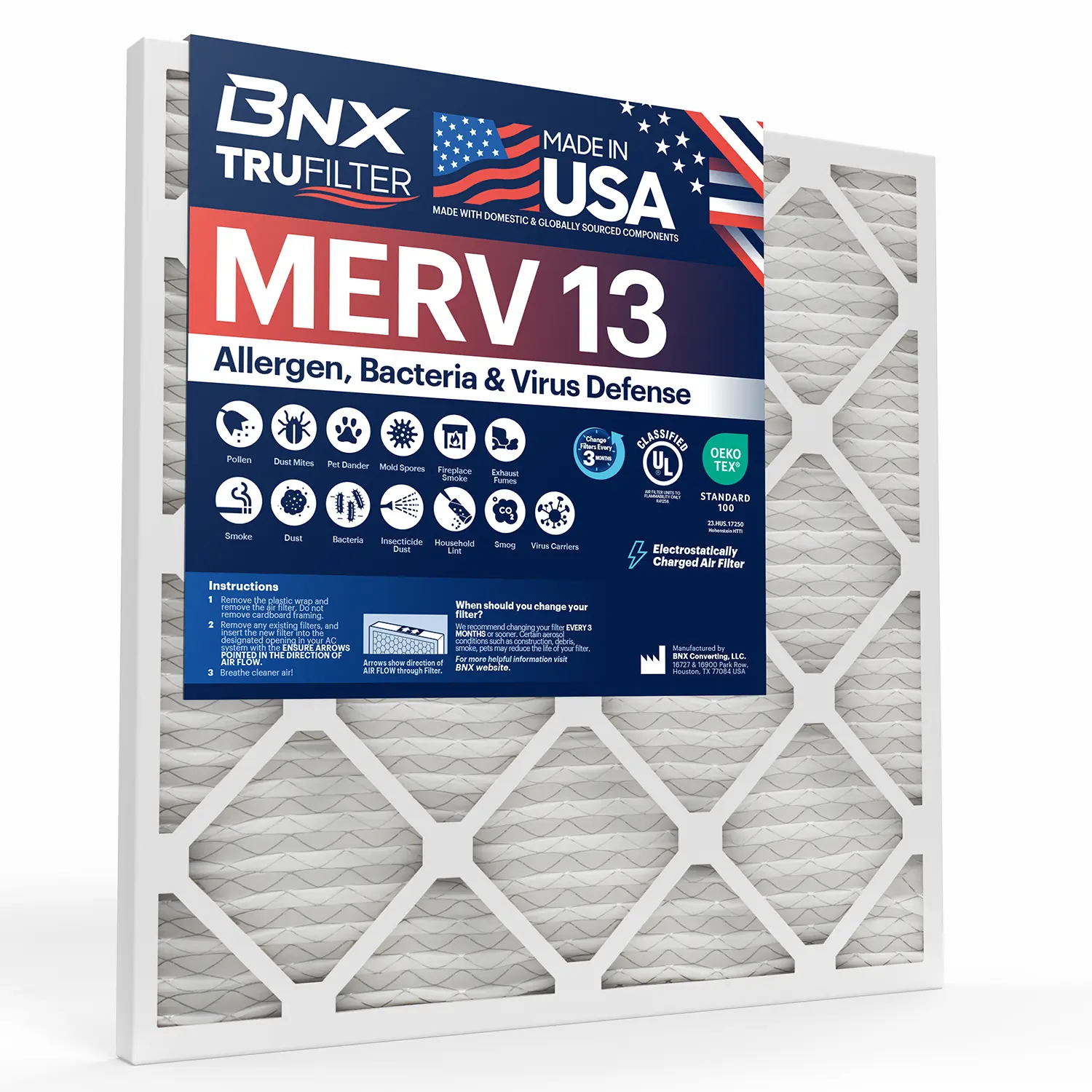 BNX TruFilter 20x30x1 in High Efficiency MERV 13 HVAC Air Filter (2-Pack) - Made in USA - Electrostatic Pleated for HVAC Systems, Allergy Relief - Captures Pollen, Mold, Bacteria, Smoke - MPR 1900 FPR 10