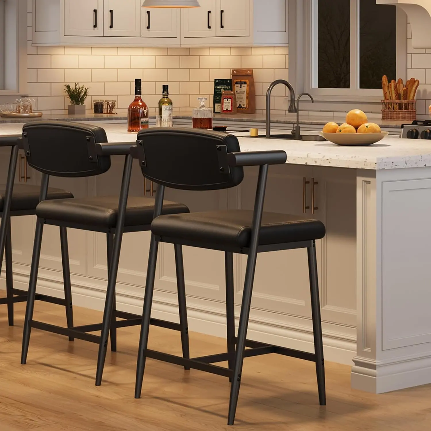 2Pcs/4Pcs Counter Height Bar Stools, 26″ Upholstered Bar Stools, Modern Bar Stools w/ Arms/Back/Wider Seat/Footrest for Kitchen Island & Counter Bar – Easy Assembly