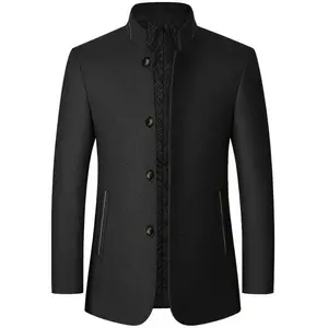 Men's Wool-Blend Jacket Stand Collar Long Sleeve Button Up Fall Winter Outerwear