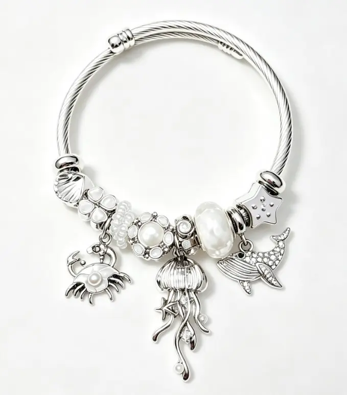 Ocean Pearl Silver Bangle Bracelet, Jellyfish Crab Whale Starfish Charm Twist Cable Bracelet, Summer Beach Sea Animal Bead Jewelry Gift for Women