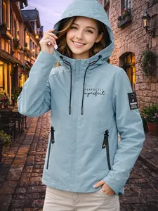 Women's Hooded Windbreaker Jacket, Outerwear, Coats, Two Colors Available Handwritten Print Textured Eye-Catching Loose Fit Slim Age-Reducing Street Style Casual Versatile Comfortable Breathable Machine Washable Jacket