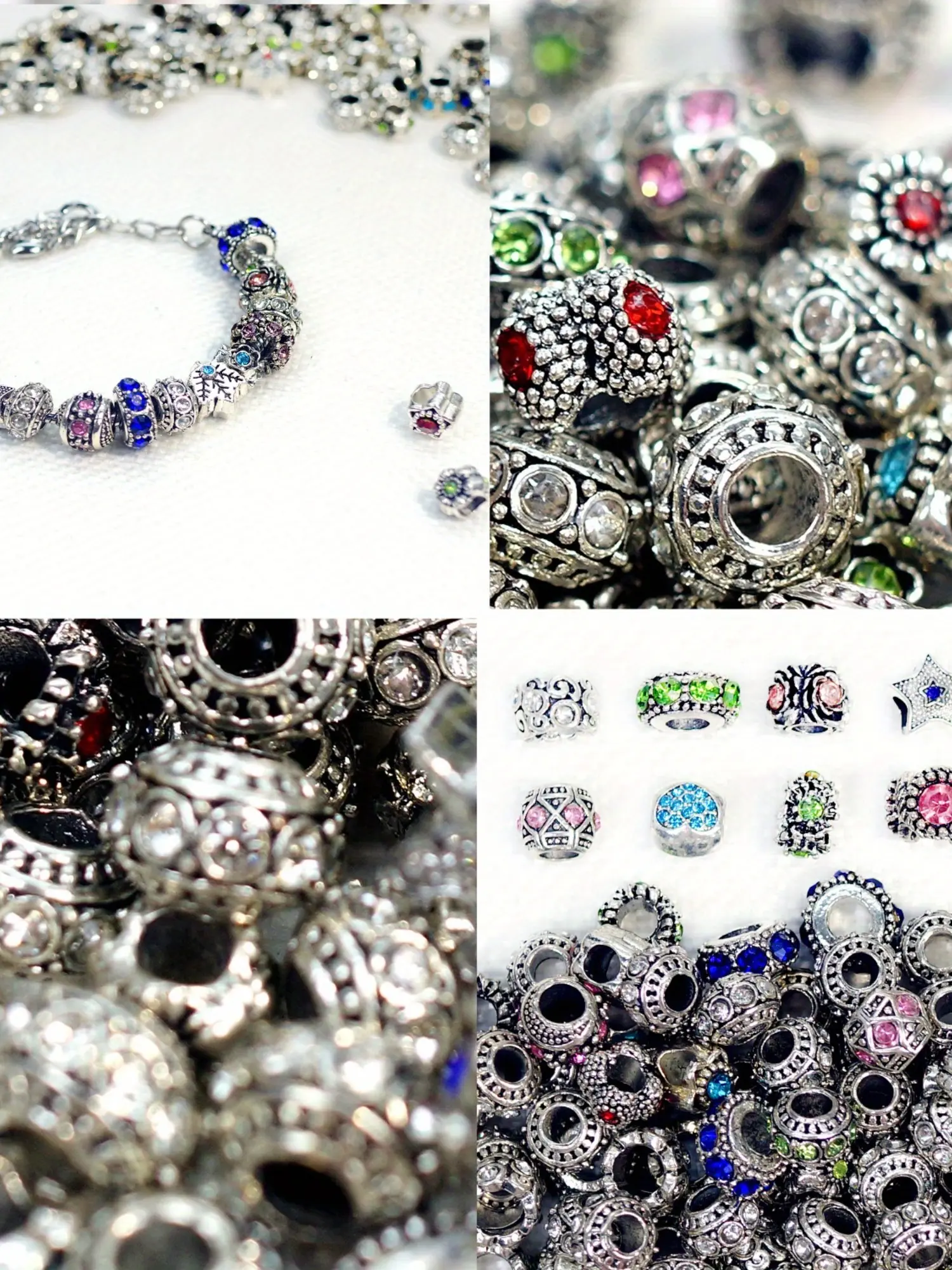 A box of vintage silver large hole beads, Beaded Set, made of silver metal rhinestone alloy material, with colorful bohemian style vintage antique spacer beads, suitable for DIY bead bracelet products, Beads For Bracelets, Diy Beads Assortment