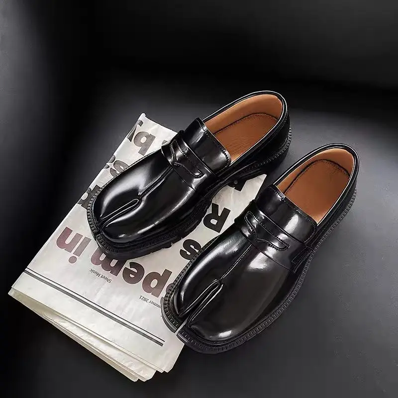 Men's Chunky Split-Toe Glossy Leather Walking Shoes - Chic Plain Ankle Slip-On Loafers, Hands-Free Easy-to-Wear Fit, Versatile for Casual Wear & Daily Outings, Easy To Wear Loafers