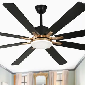 72" 8 Wooden Blades Large Size Modern Urban Style Black/Silver/Gold Finish Reversible Ceiling Fan with Remote and Dimmable LED Light Kit Included for Home Decoration