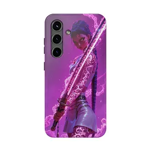 Cyber Samurai Oni Girl Anime Case for iPhone 17-7 Pro Max Plus & Samsung Galaxy S25-S21 Ultra Plus - Katana Neon Purple Aesthetic Phone Cover unisex