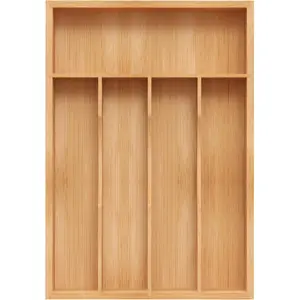 Bamboo Silverware Organizer, Kitchen Drawer Organizer, Utensil Holder, Cutlery Tray & Spoon Flatware Storage with Grooved Drawer Dividers (5 Slots,)