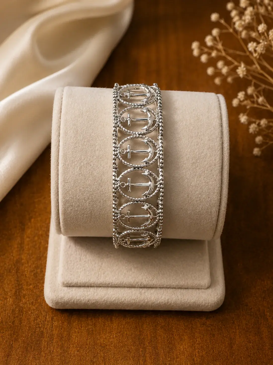 Women's Classic Nautical Coastal Retro Silver Bracelets & Bangles - Silver-Tone Oval Frames, Filigree Trim, Anchor Design, High Shine Beads, Bling Effect, Arm Candy Accessories for Daily Elegance Costume Jewelry