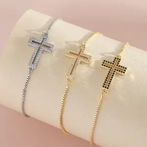 Cross bracelet, hollow design jewelry, zircon inlaid accessory, adjustable bracelet, fashionable ornament