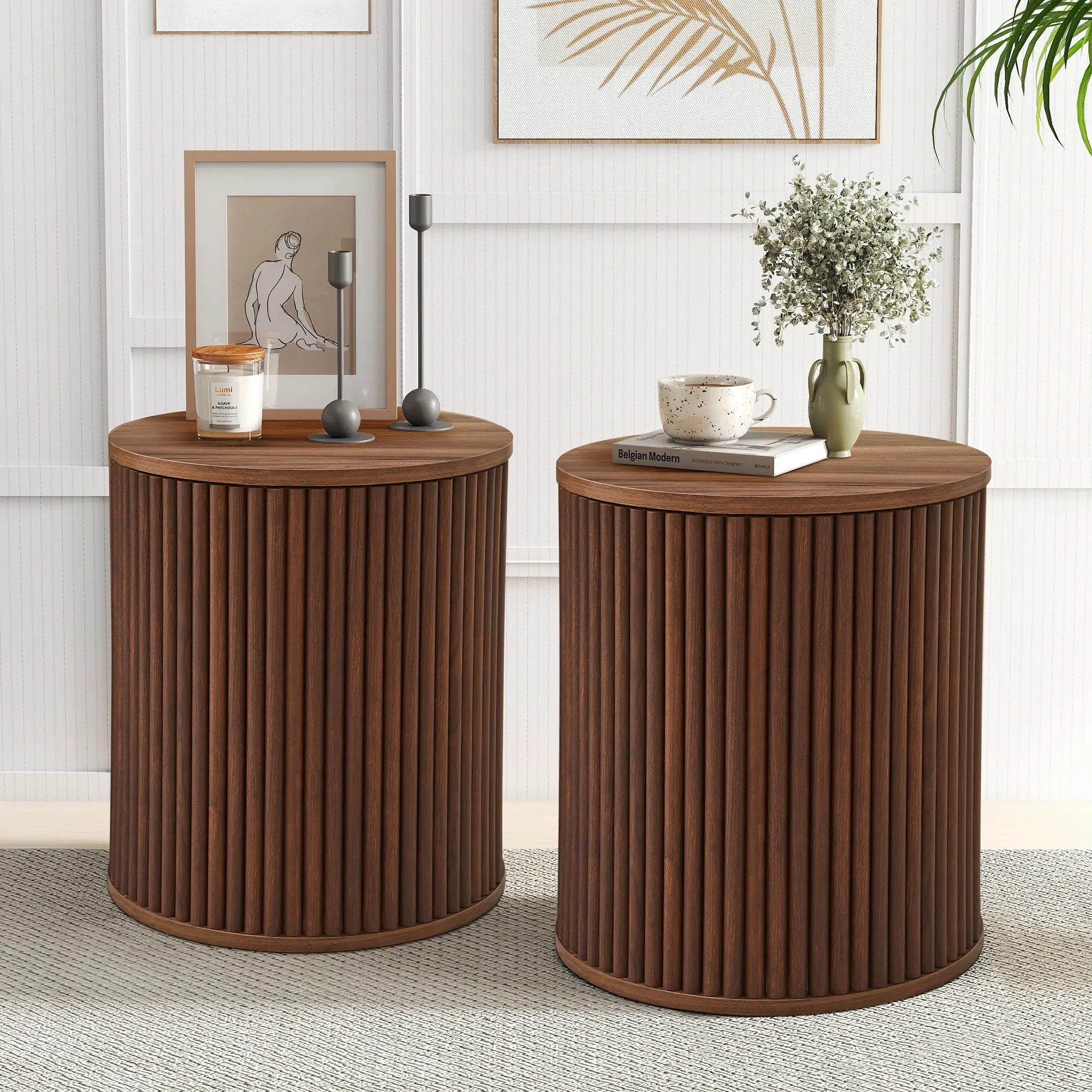 Giratree Natural Wood Fluted Round Accent Table, 15.7in W x 15.7in D x 17.7in H Compact Nightstand with Hidden Storage, Easy-Clean End Side/Sofa Side Table, 1 or 2-Pack Nightstand Sets of 2 for Bedroom Dorm