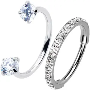 Double Gem U Hoop Titanium Mircro Gem Hoop Double Piercing Nose Ring Pack