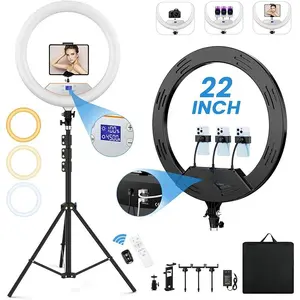 22'' Ring Light with 75'' Tripod Stand, ring light shade,LED Display/2 USB Ports/6500K Dimmable Ring Light for ipad Phone Holder for Tattoo Lash Live Makeup Video Recording TikTok Barber Stylist Photography
