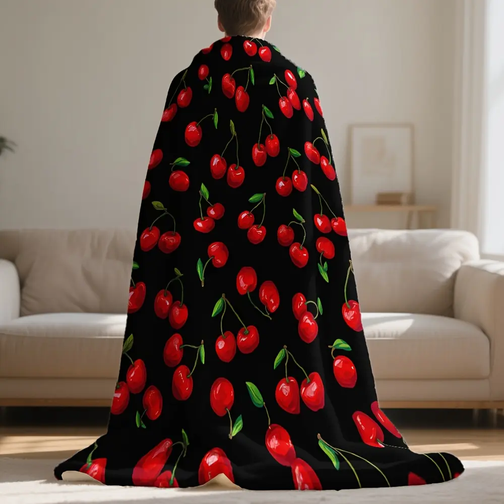 1pc Vintage Cherry Print Fading Proof Flannel Throw Blanket - 280GSM Lightweight Warm Soft Plush Easycare, Retro Glam Charm, Vibrant Bold Contrast Design for Home, Office Use, Warm Blanket, Flannel Blankets