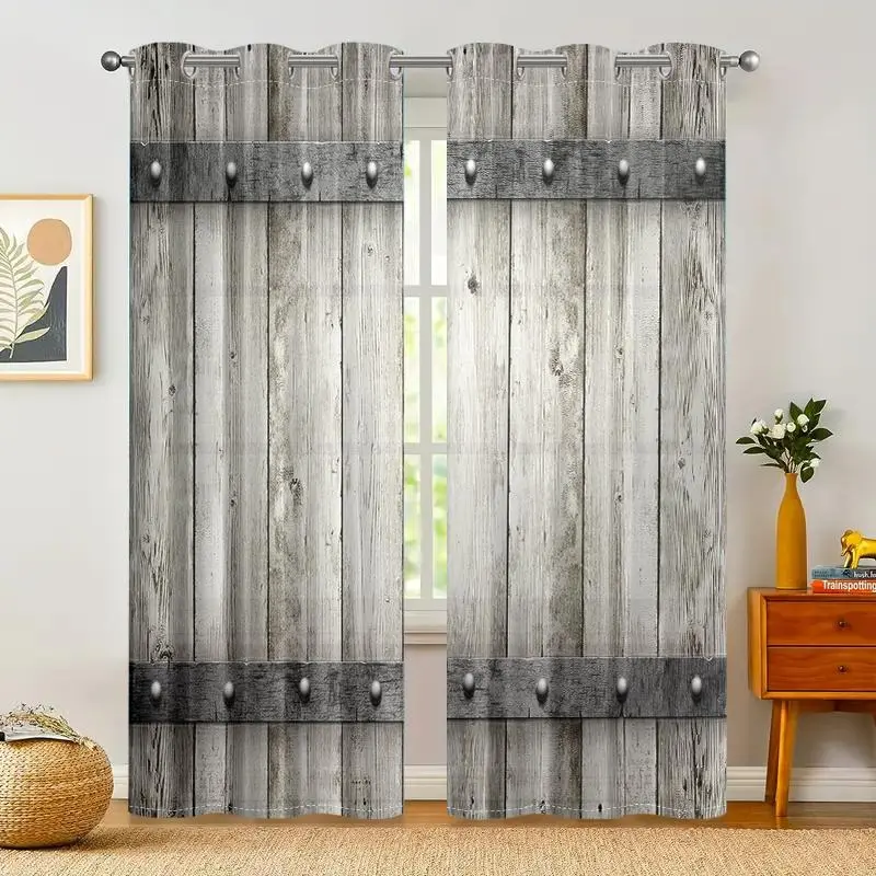 Wooden Barn Door Pattern Window Curtain, 2 Counts/set Retro Vintage Country Cottage Curtain, Home Decor for Living Room & Bedroom, Home Decoration Curtain