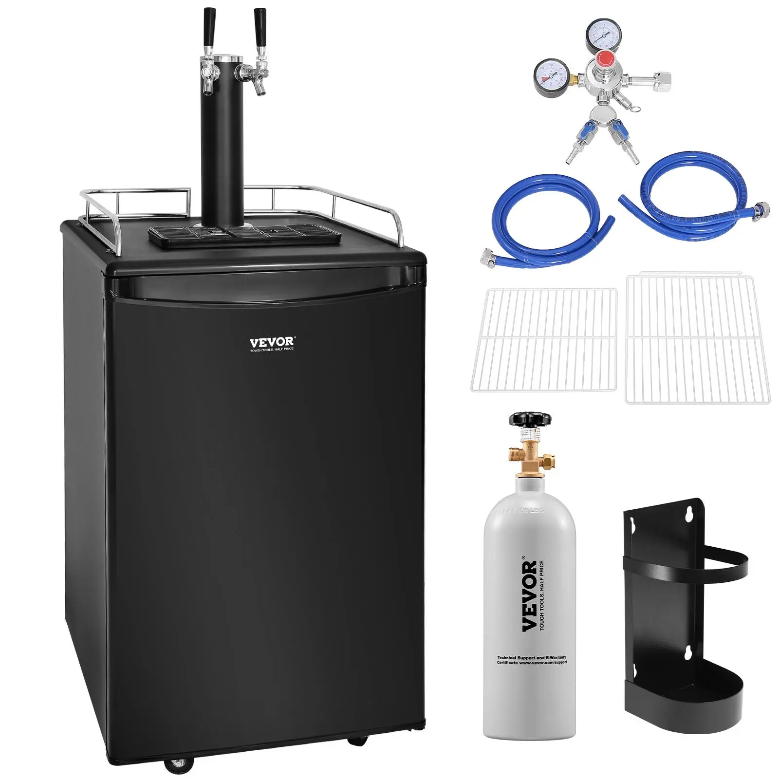 VEVOR Dual Tap Beer Kegerator, Full Size Keg Refrigerator with CO2 Cylinder, Shelves, Drip Tray, Rail & Beer Line, 32°F-50°F Temperature Control, Hose Clamps, Auto-Defrosting Design, Power Outage Resilient, All Seasons Use, Holds 1/6, 1/4, 1/2 Barrels