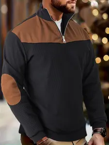 Men's Autumn Winter Christmas Festive Knitwear Knit Sweater, Long Sleeve Colorblock Design, Polyester Jacquard Patchwork, Thick Warm 280g/m², Zipper Detail