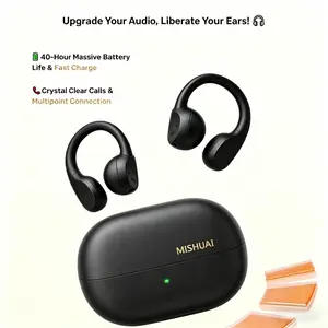 MISHUAI Open Ear Headphones Bluetooth 6.0, 5g Ultra-Light, 40H Battery, IPX4 Waterproof, 720° Surround Sound for Workout & Gaming, Clip-On Design, Zero Ear Fatigue ENC Headset Assistant Voice Smart with