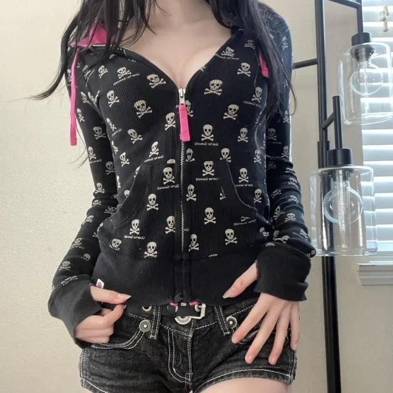 Punk black skull print sweater jacket women's autumn and winter American sweet hottie slim slim and thin versatile top autumn Womenswear Coats
