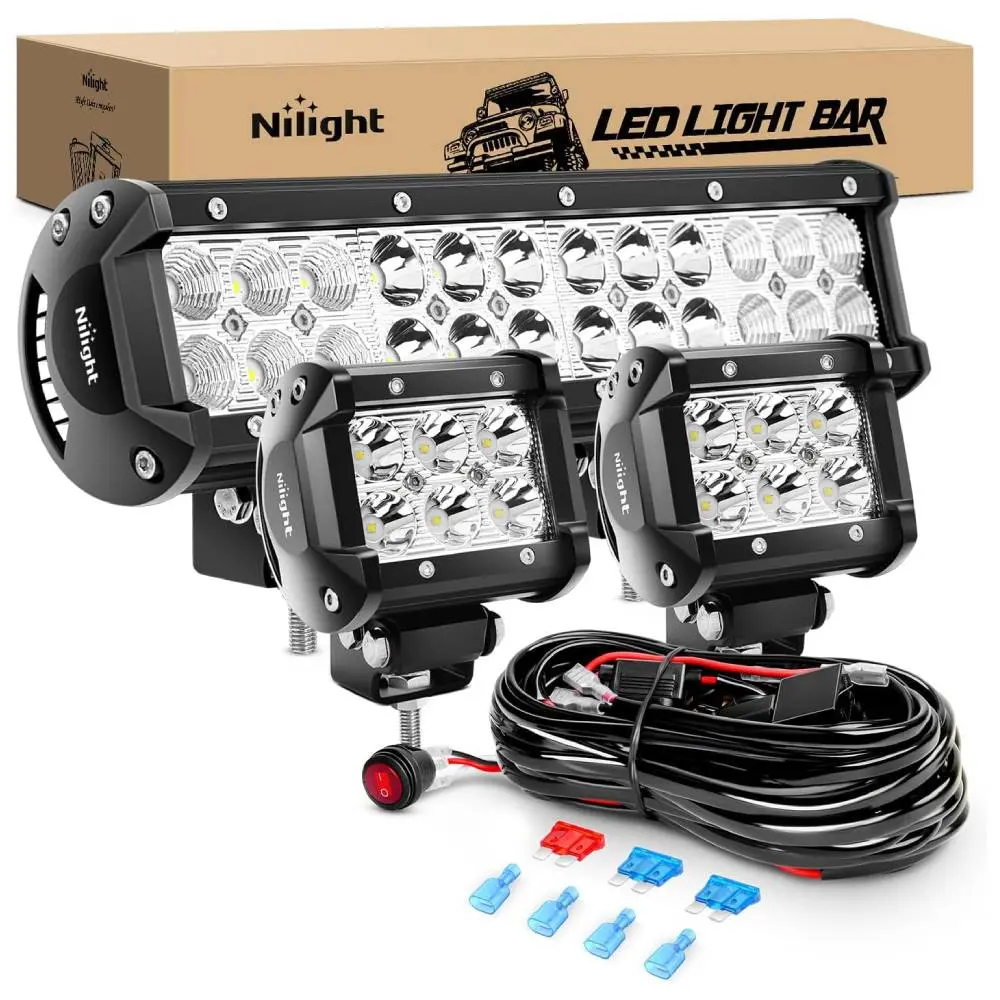 Nilight LED Car Lights Auto Accessories Kit - 12-in 72W Output Spot Combo Lightbar, 2 PCS 4-in 18W Flood Fog Lights, Waterproof Bracket Mount Off-Road 2-Lead Wiring Harness, High-Output Tailgate Strip, Father's Day Gift