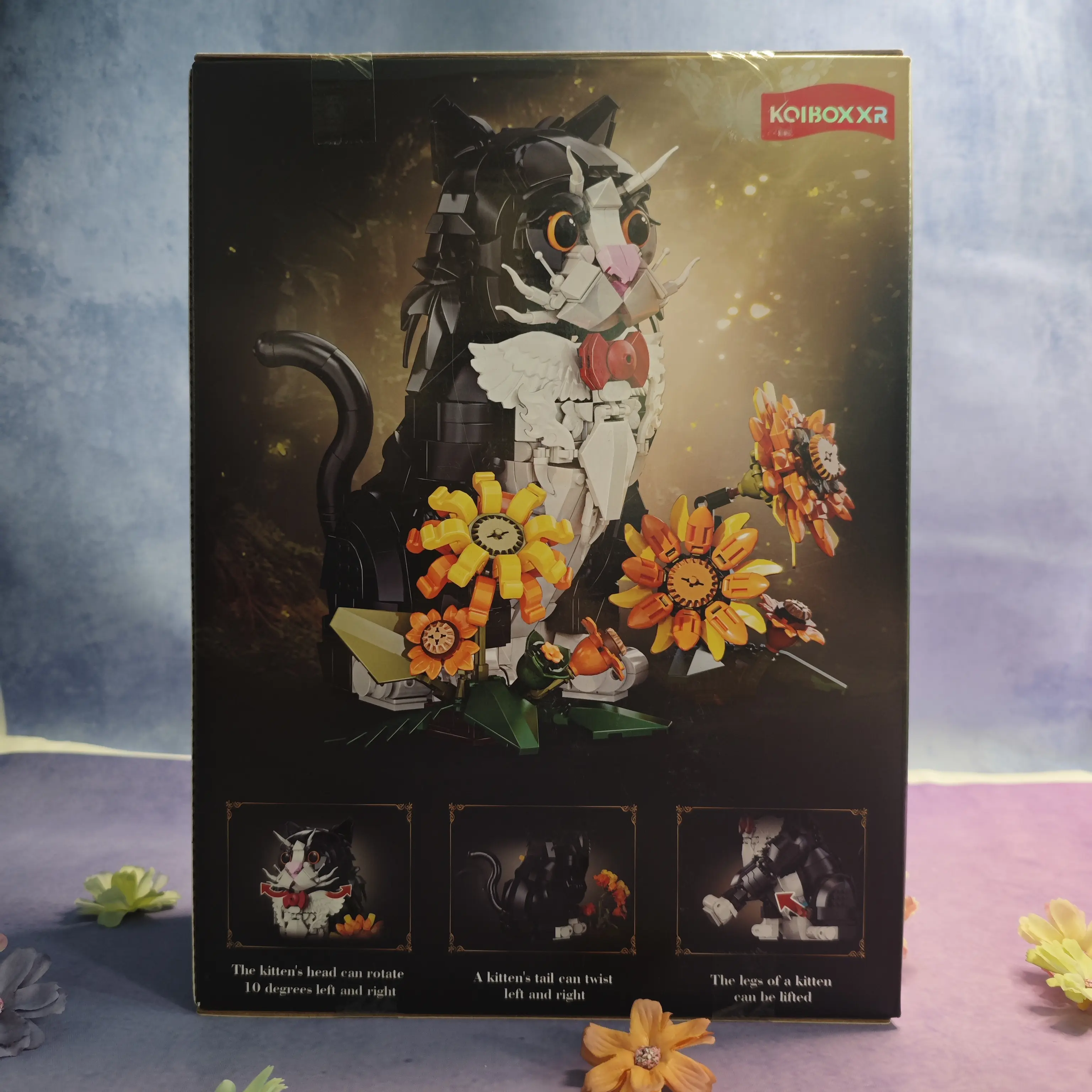 Black Tuxedo Cat Building Blocks Set with Sunflower Decoration, Adjustable Head-Tail-Legs - Cute Block Figures, Collectible Model, DIY Model Building Kits for Teens, Desk Display Toy Gift for Birthdays/Holidays