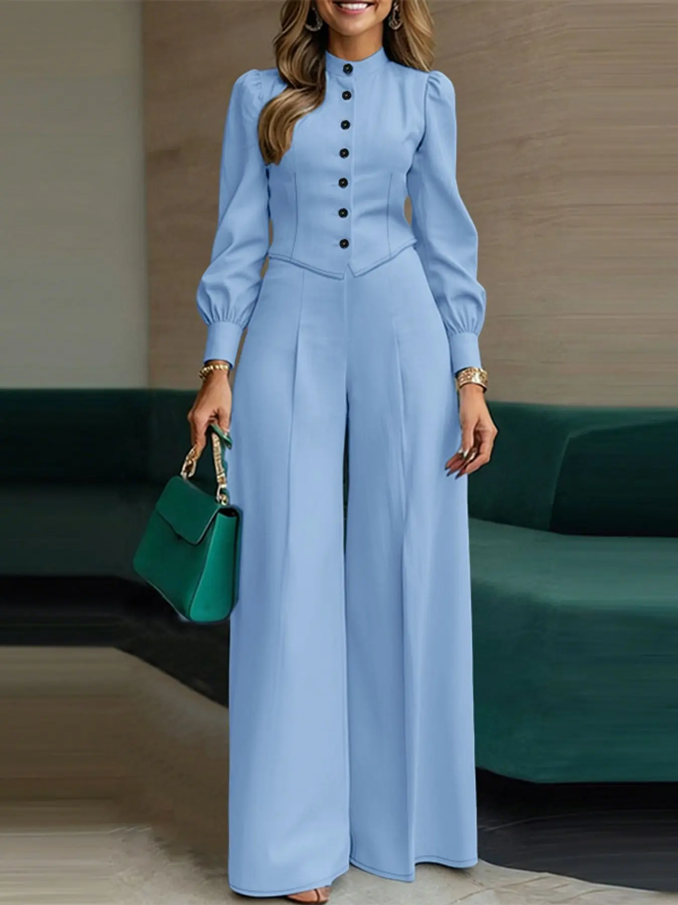 Women's Solid Color Set, Suits, Button Stand Collar Long Sleeve Crop Top + High Waist Pants Design, Casual Elegant Chic Fashion for Daily Commuting Womenswear