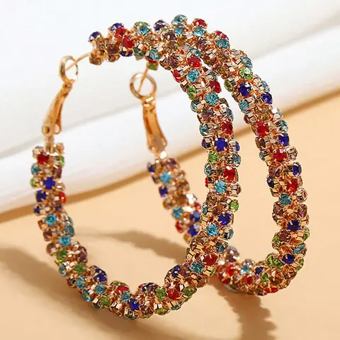 Colorblock Rhinestone Decorated Hoop Earrings for Women, Statement Hoops Earrings, Daily Use, Trendy Exquisite Stylish Jewelry for Birthday Gift, High-Quality Earrings, Ear Accessories