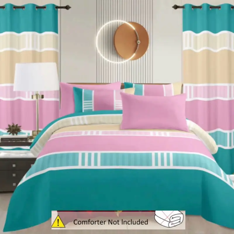 King Size 8-Piece Cotton Bedding Set with sheet, Pillowcases, Curtains, and Wall Art –  (No Comforter) Modern Coordinated Bedroom Décor Set