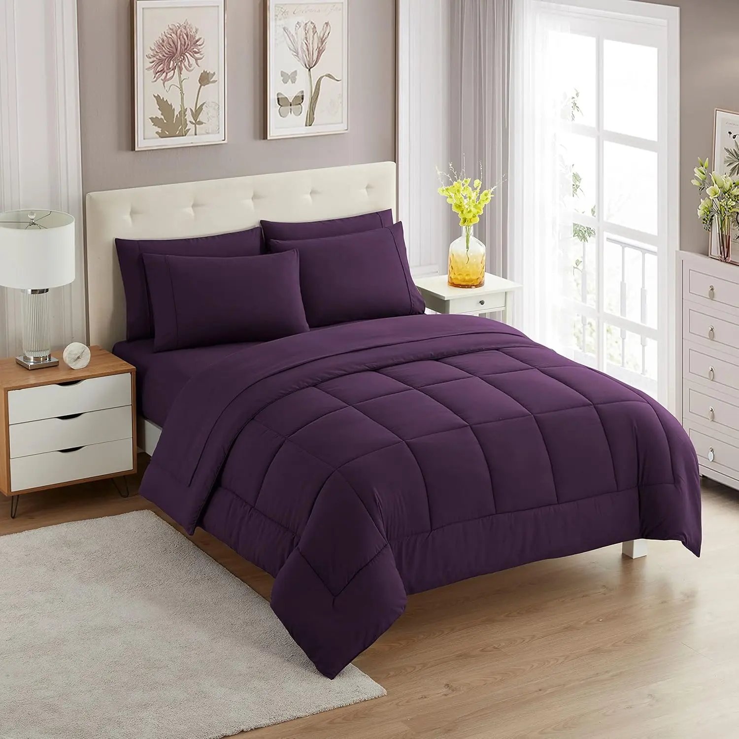 Luxury Purple Twin 7-Piece Modern Bedding Set, Durable Breathable Down-Alternative Synthetic Microfiber All-Seasons Comforter Collection
