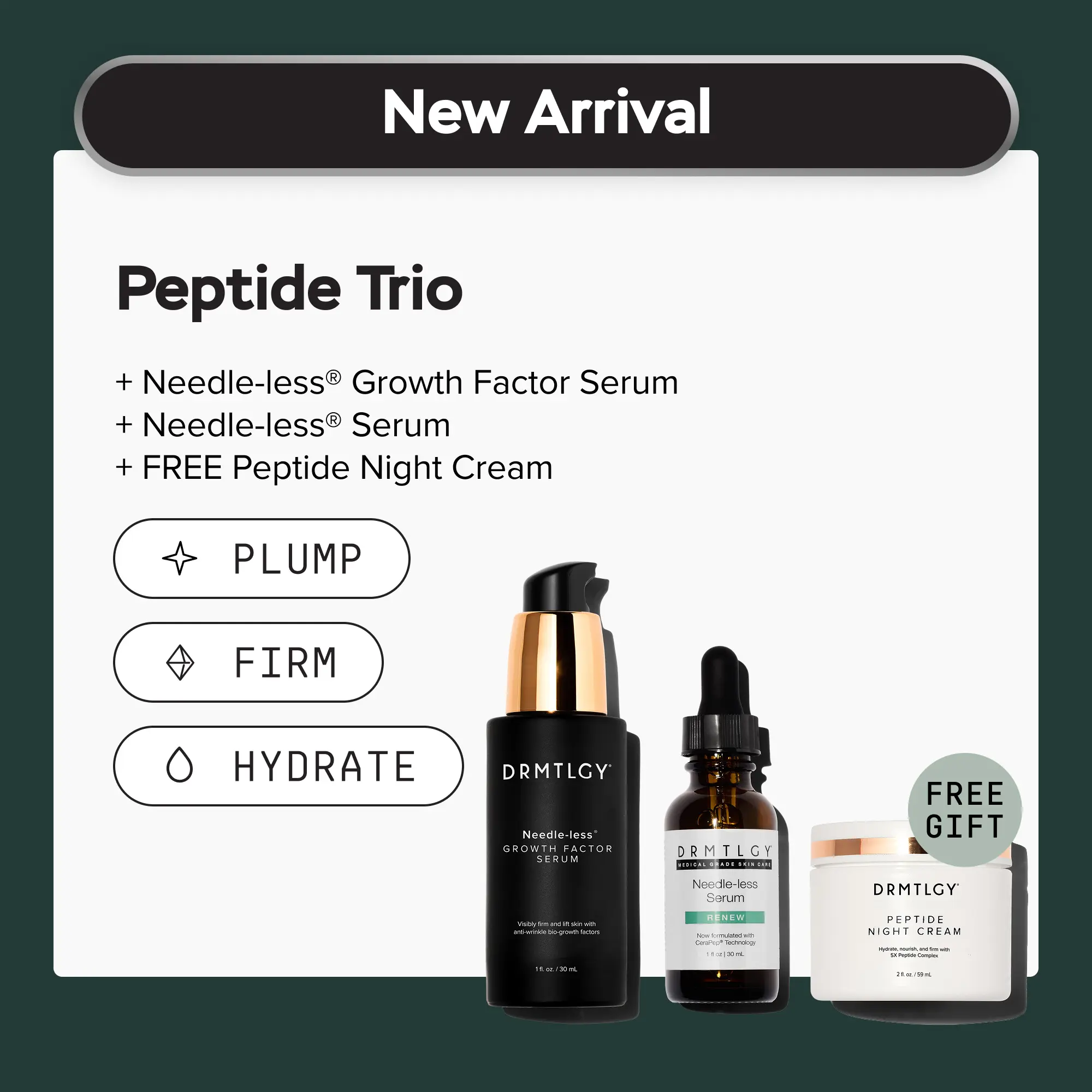 DRMTLGY Peptide Trio. Needle-less Serum + Needle-less Growth Factor Serum + Peptide Night Cream. Visibly Firms, Lifts, Plumps, and Hydrates Skin