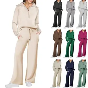 Women's 2 Piece Outfits Casual Lapel Half Zip Sweatshirts And Wide Leg Pants Tracksuit Sets