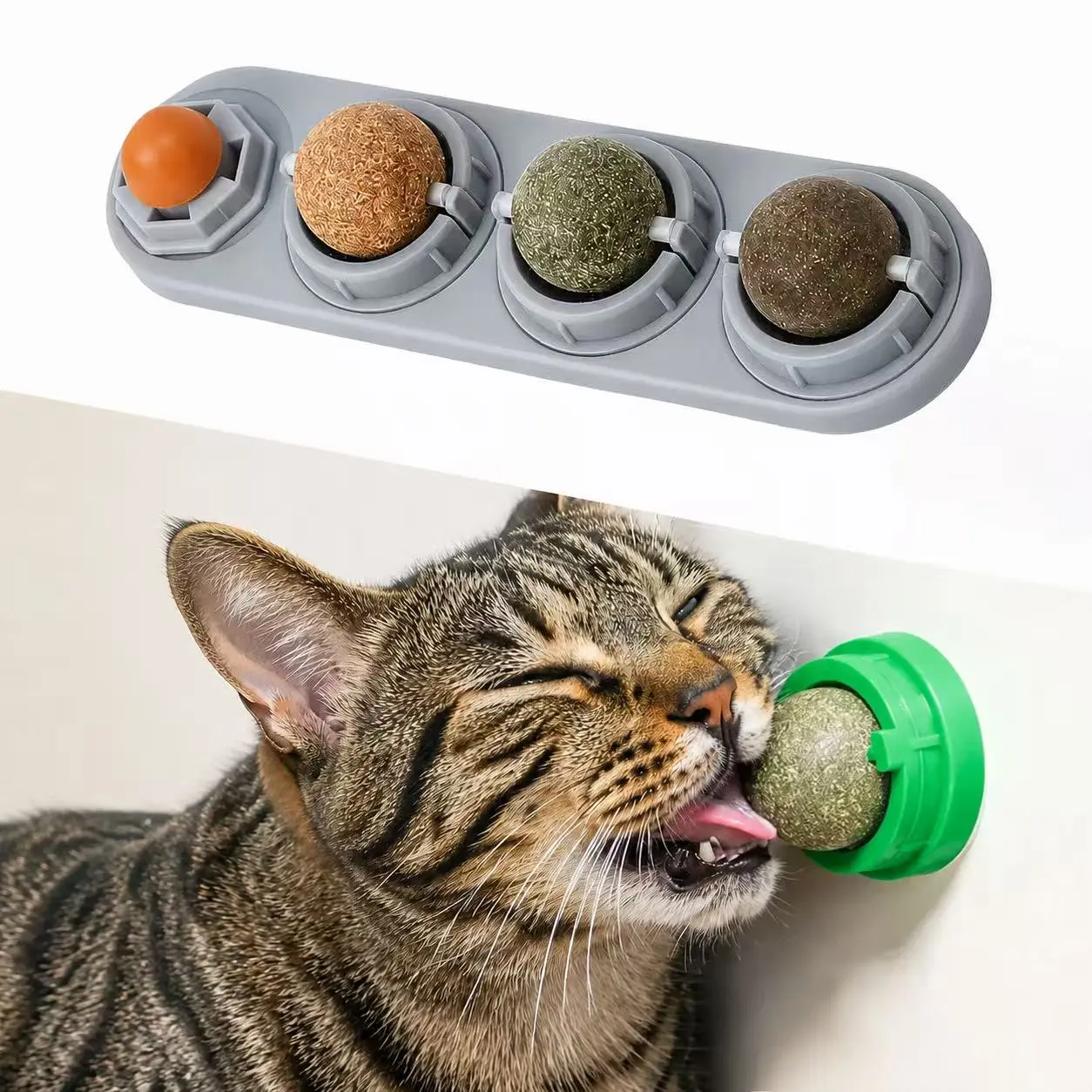 Catnip Ball Toy for Cats, 4 Pack Silvervine Ball & Rotating Wall Mounted Cat Toy, Interactive Licking Chew Toy with Dental Cleaning Design, Indoor Cat Activity Toy for Kittens and Adult Cats