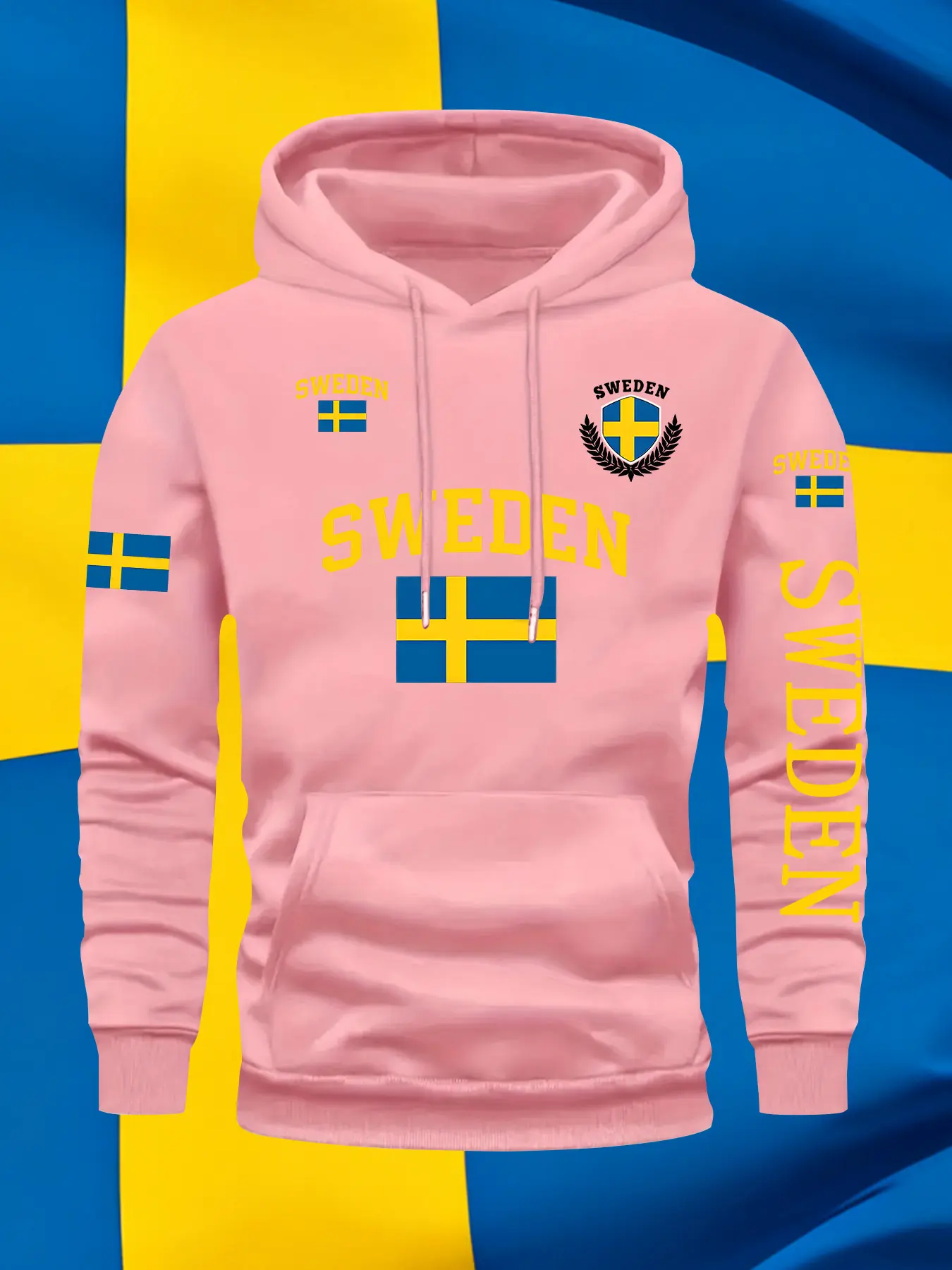 Men's Fall Winter Trendy Swedish Flag Print Hoodie, Casual Fitted Pullover, Drawstring Pocket Design, Geometric Pattern, Fashionable Outerwear