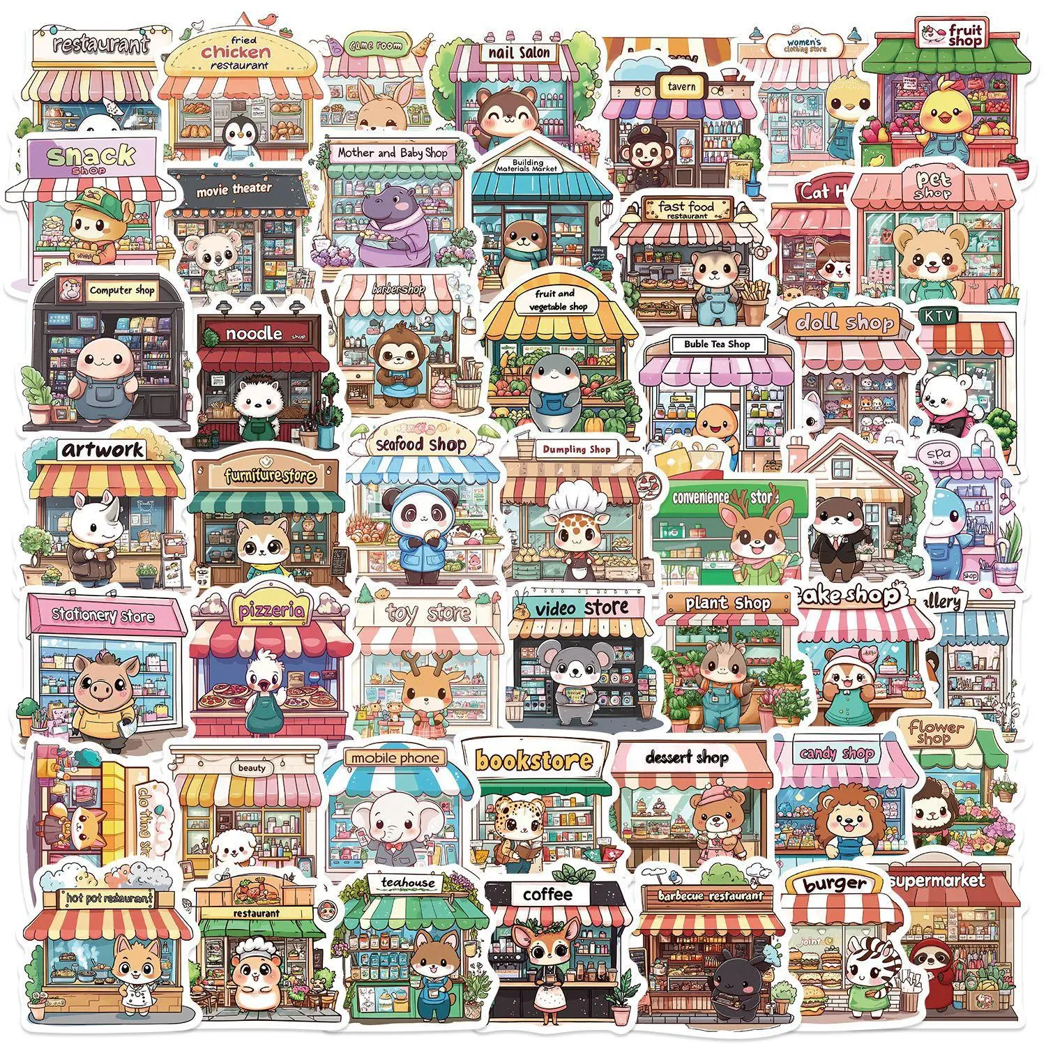 Shop Series Sticker, 50pcs/set Cute Cartoon Shop Decorative Sticker, Decorative Sticker for Scrapbooking, Journaling, Gift Wrapping, DIY Sticker Set