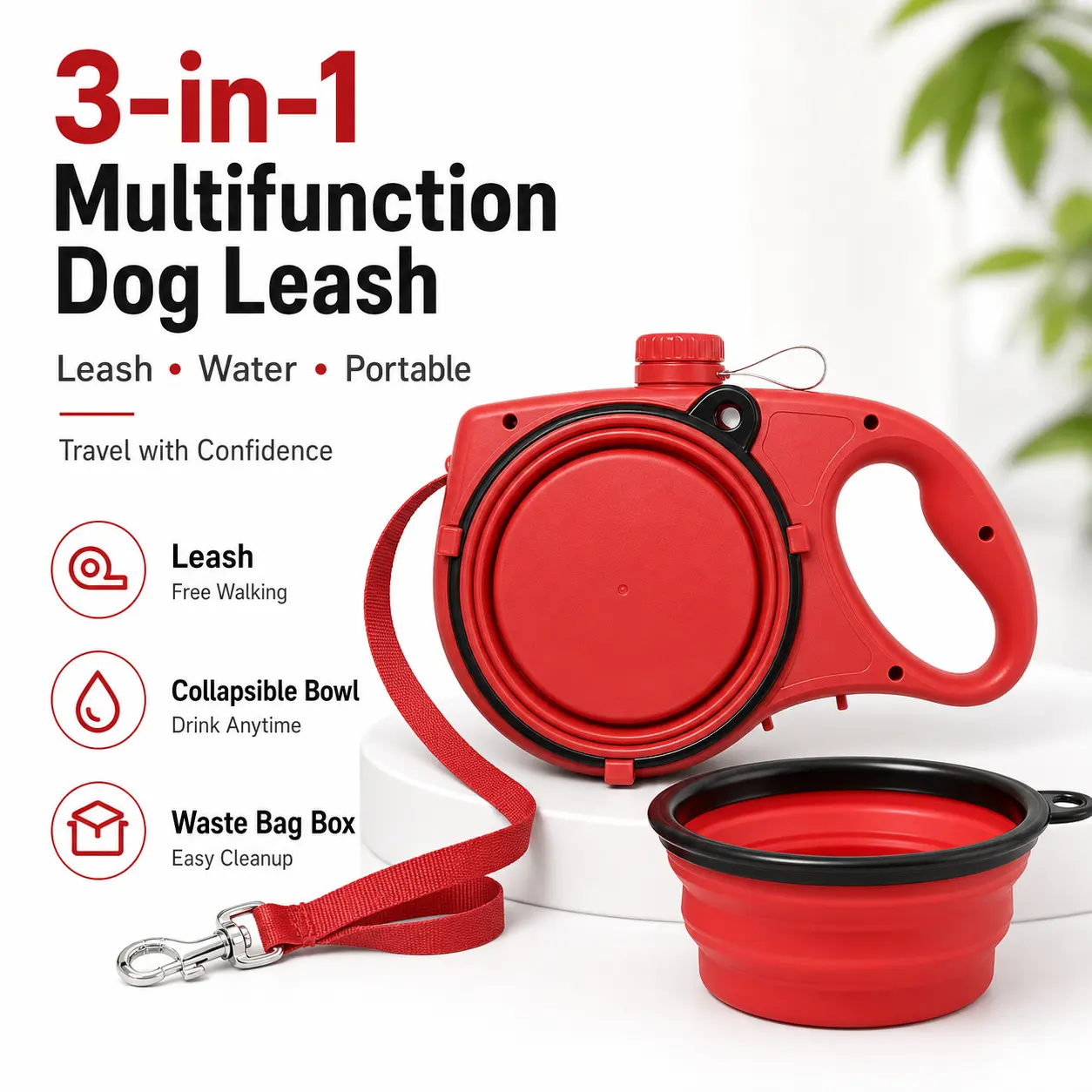 Dog Retractable Lead with Collar - 3-in-1 1.4m Durable ABS Pet Leash, Detachable Hydration Aid (Built-In Water Bottle, Bowl, Dispenser), Garbage Bag Holder, Durable Anti-Slip Handle for Outdoor Hiking, Waist Use (Collars & Leads Camping Essentials)