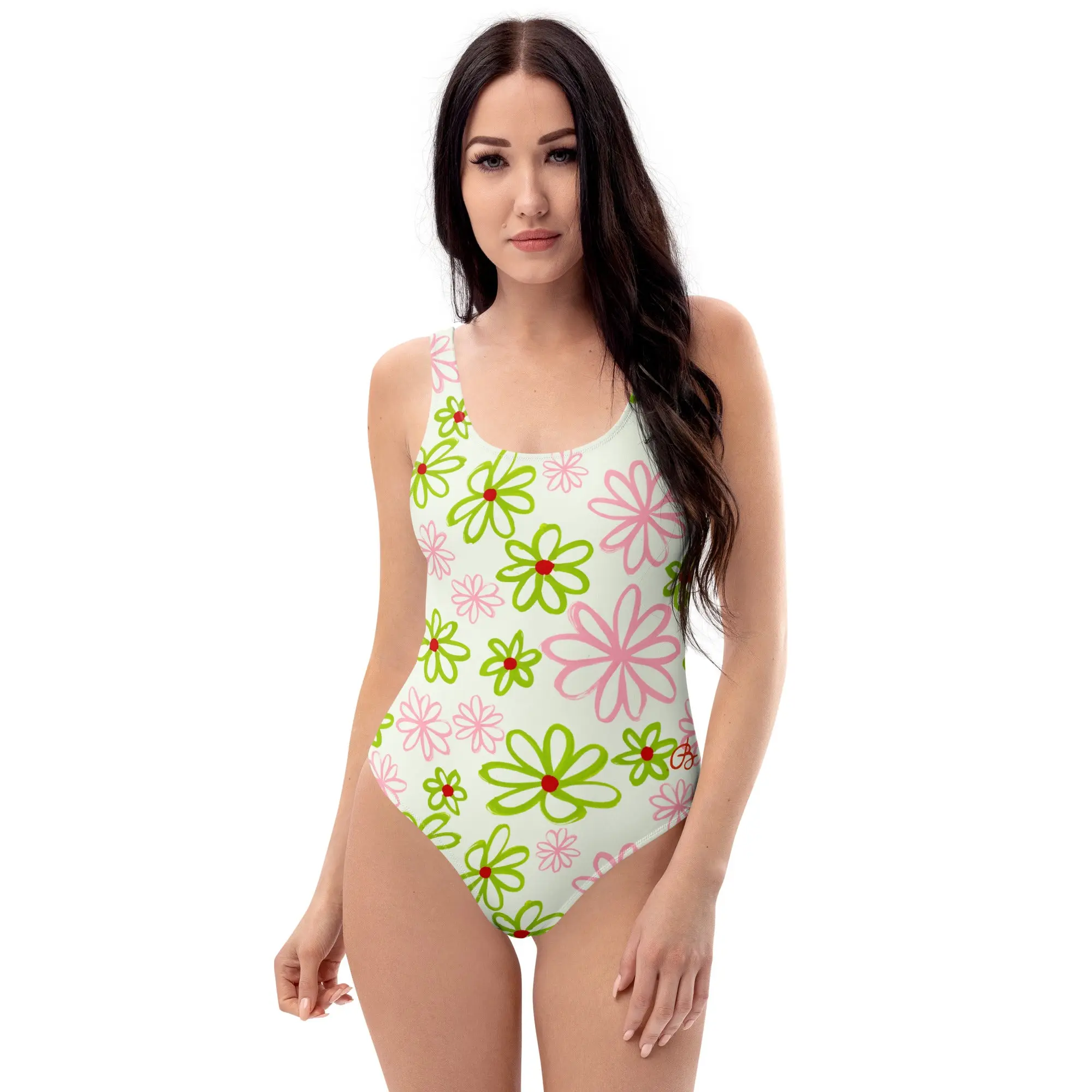 Pink & Green Daisies On White One-Piece Swimsuit