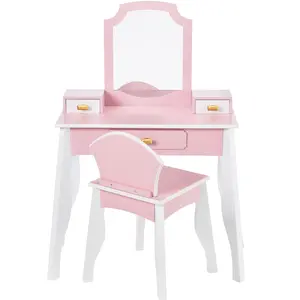 Best Choice Kids Wooden Pretend Play Vanity and Chair Set w/ Mirror – Little Girls Makeup Table with 3 Drawers