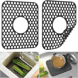 Kitchen Sink Mats, 2PCS Non-Slip Heat Resistant Silicone Sink Protector Mat, Folding Farmhouse Sink Mats, Center Drain, Black