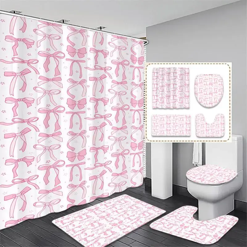 Bow Pattern Bathroom & Restroom Accessories, 1 Set Shower Curtain & Toilet Mat & Bath Mat & Toilet Lid Cover, Bathroom Decor Supplies, Bathroom Decor And Accessories, Shower Curtain Sets