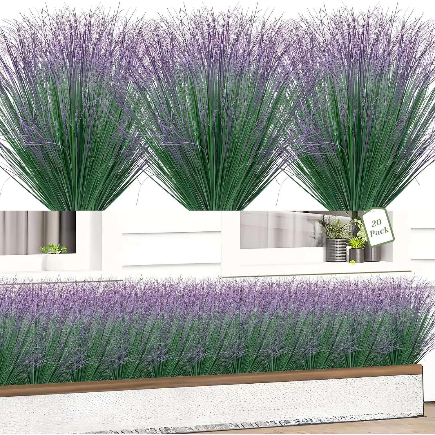 20 Bundles Fake Grass Plants Artificial Plants Outdoor Faux Plants Tall Shrubs Wheat Grass Greenery Stems UV Resistant Onion Grss For Outside Planters Indoor Room Vase Home Decor(Green Purple Tail)