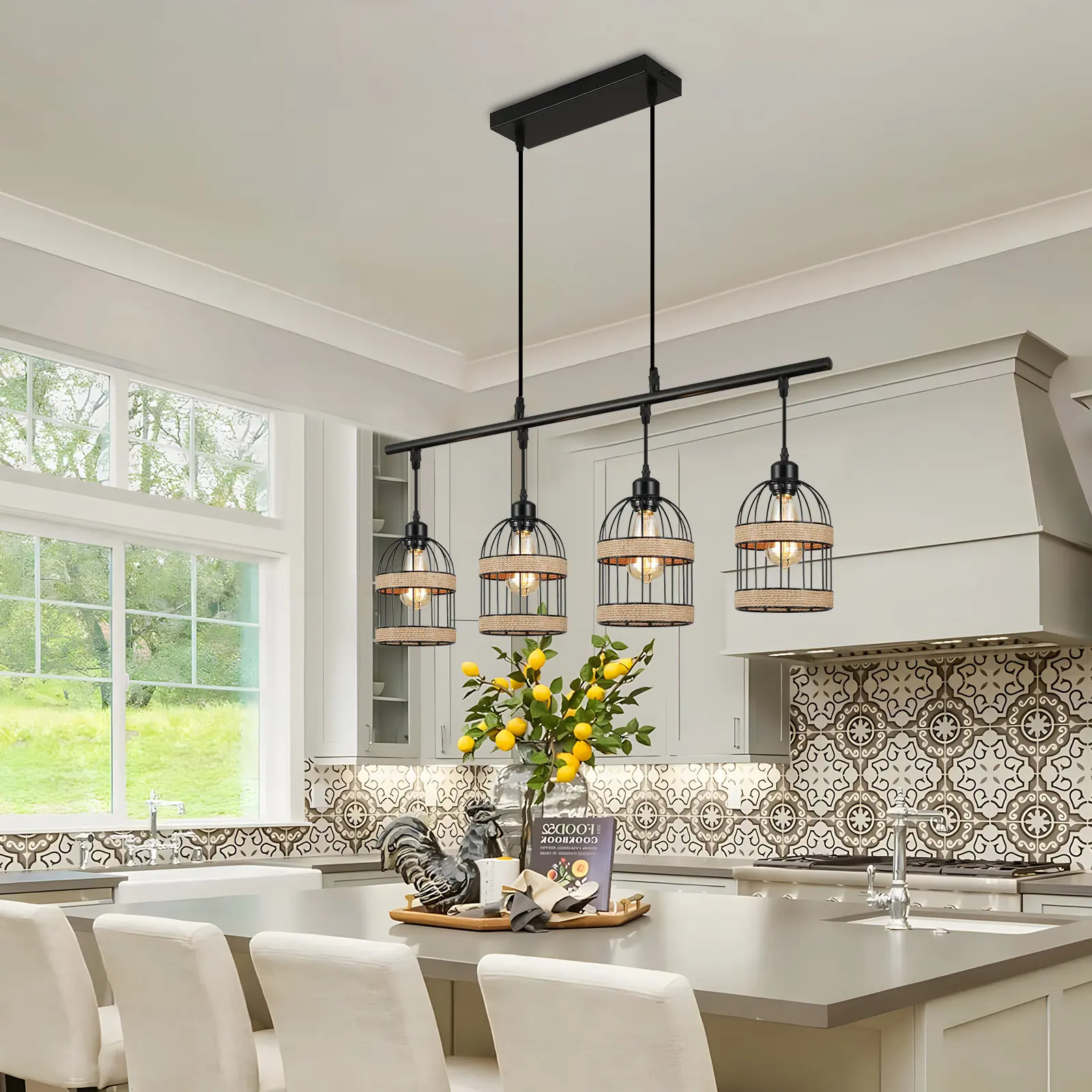 Rattan and Iron 4-Light Farmhouse Chandelier, DIY Setup Hanging Light Fixture for Dining Room, Kitchen Island