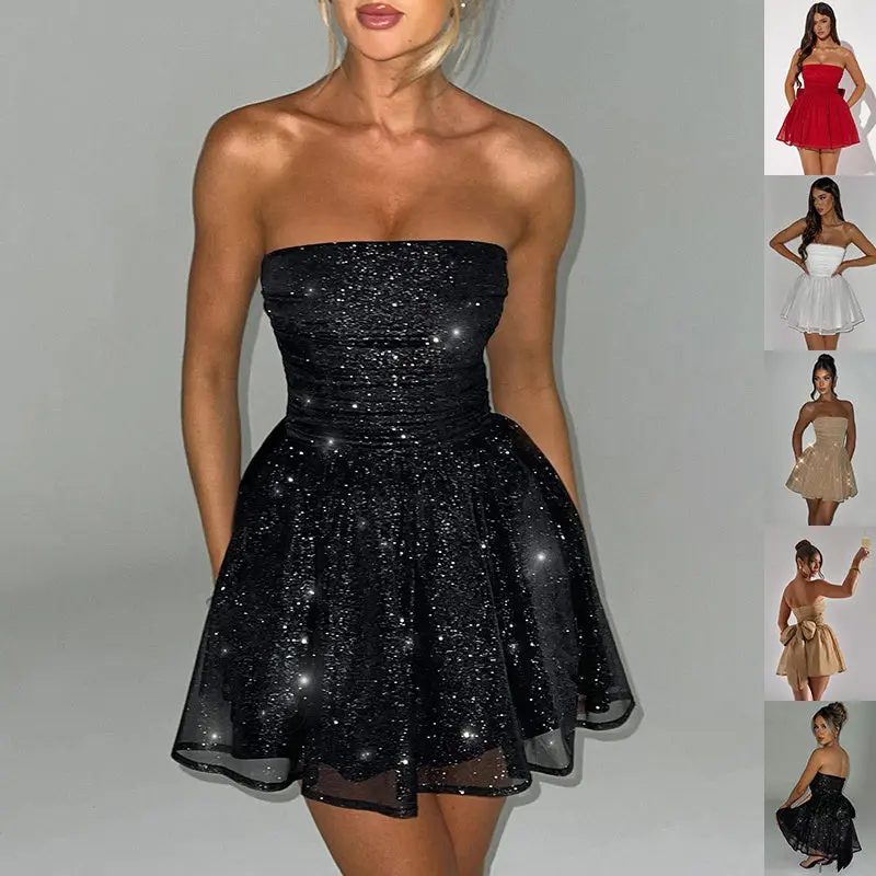 Tube Top Lace Dress With Back Bow-knot Summer Fashion Temperament Mesh Stitching Off-neck Short Skirt Elegant Solid Pleated A Line Dress