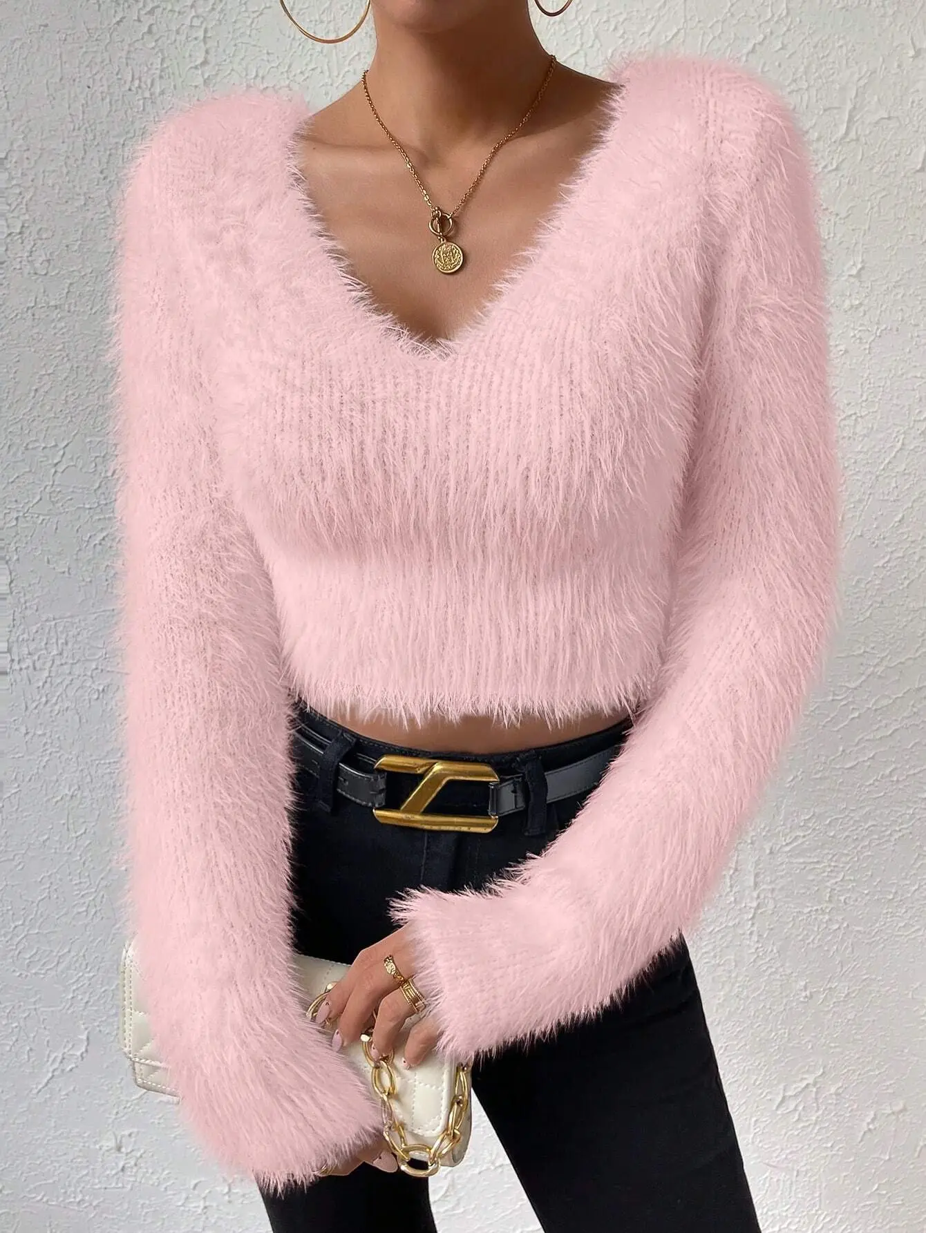 Women Casual Solid Color V-Neck Fuzzy Long Sleeve Pullover Sweater Comfort Spring Womenswear Chic Comfortable Knitwear Basic Minimalist drop shoulder