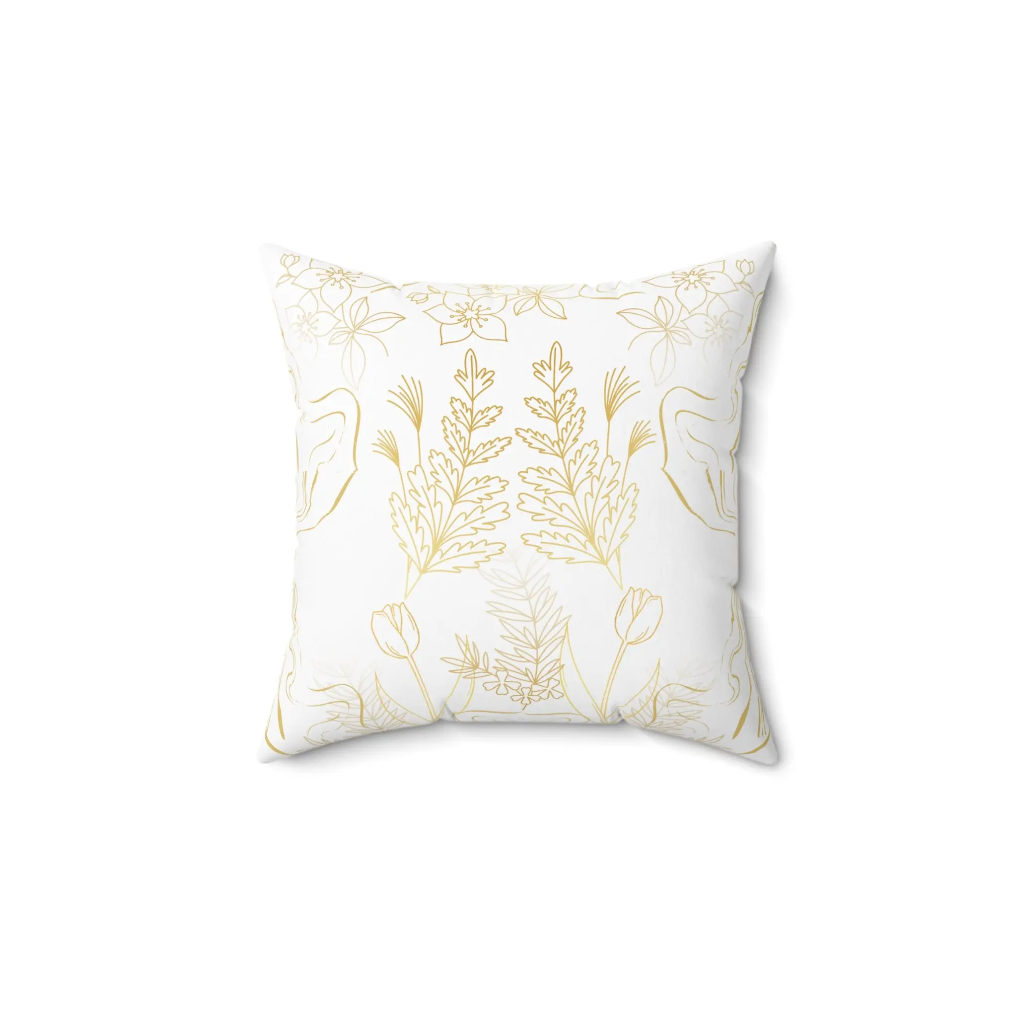 Gold & White Decorative Square Pillow with Floral Design and Simple White Background